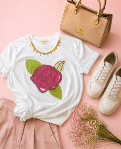 T-shirt bianca da donna ricamata con rosa stampata 